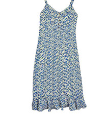 Lulus Midi Ruffle Hem Sun Dress V-Neck Size XS Blue Floral White Daisies Lined