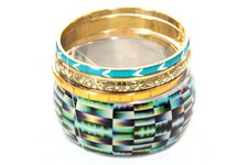 Women's Fashion Artistic Print Four Pieces Bangles Set Green/Gold