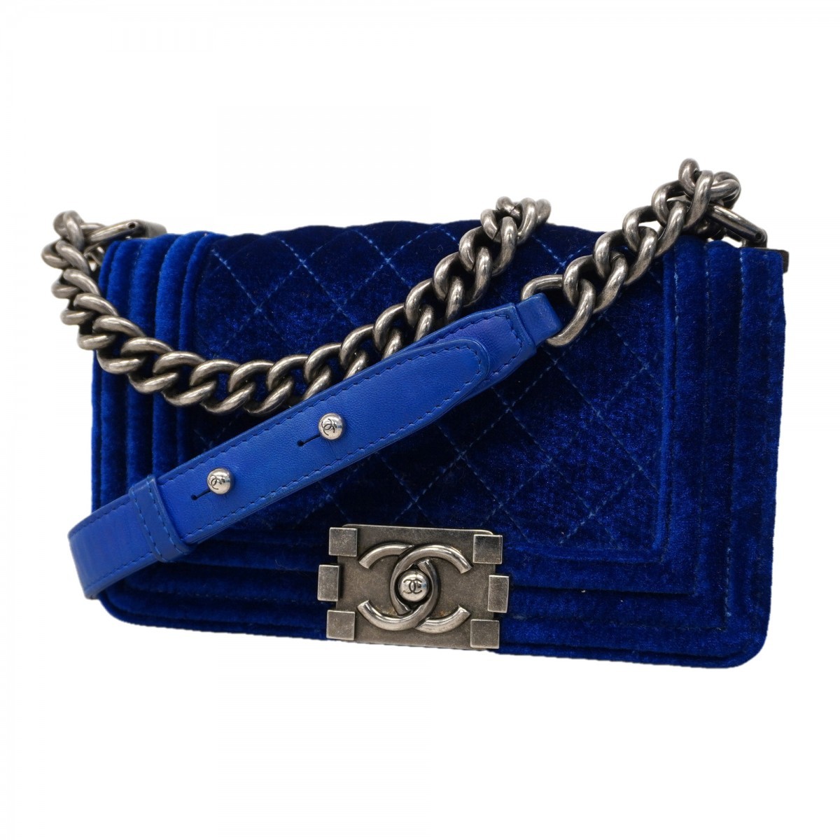 Auth [6ba1025] CHANEL Shoulder Bag Boy chanel ChainShoulder Velor Blue Silve...