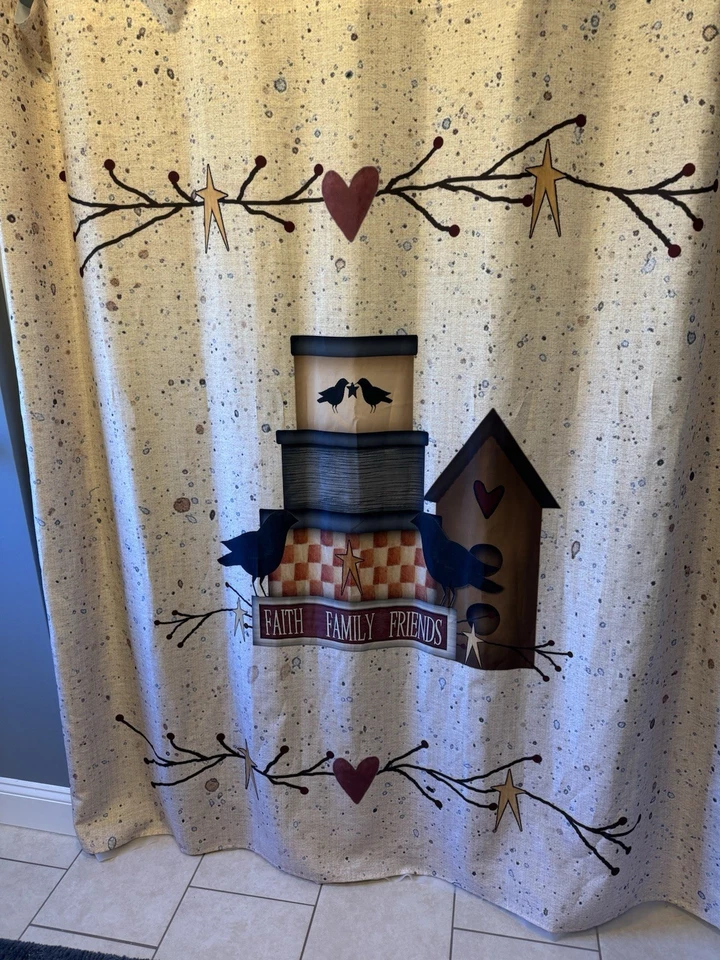 Cortina de ducha de tela rústica primitiva cuervos pajarera estrellas y corazones 70x72 Foto 2 de 4