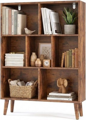 Bookshelf, 7 Cube Storage Organizer with Legs, 3-Tier Modern Wooden Bookcase,