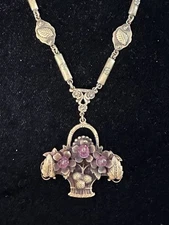 Vintage Victorian Revival Gold/Brass Pink Glass Flower Basket Pendant Necklace