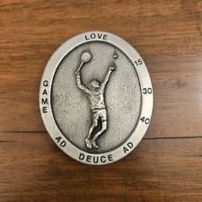 Vintage Bergamot Tennis Player Belt Buckle 1977 Brass Works Silver Tone USA