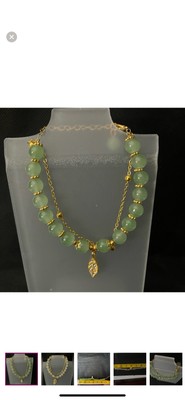 New- Natural Green or white Nephrite Jade Bracelet with Gold Leaf Charm
