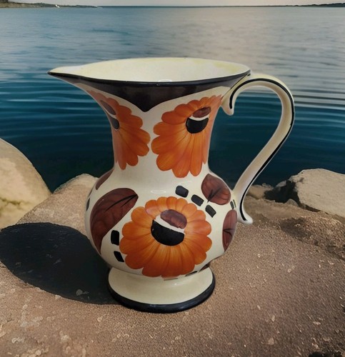 Vintage Devon Ware Fieldings Decorative Floral Vase Jug Pitcher Orange & Brown