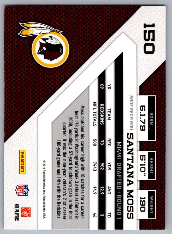 2010 Panini Threads Santana Moss Washington Redskins #150 - Image 2 of 2