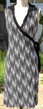 Napoli Vntg Midi Wrap Dress Geometric Black & White V-Neck Sleeveless Collared L