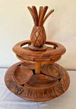 Vintage 2 Tier Hand Carved Monkey Pod Lazy Susan Serving Tiki Tower Hawaii