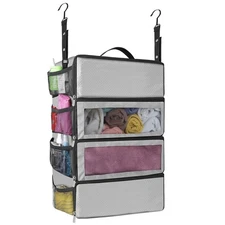 Grey Hanging Suitcase Organizer, Medium, Collapsible, Portable Travel Shelves