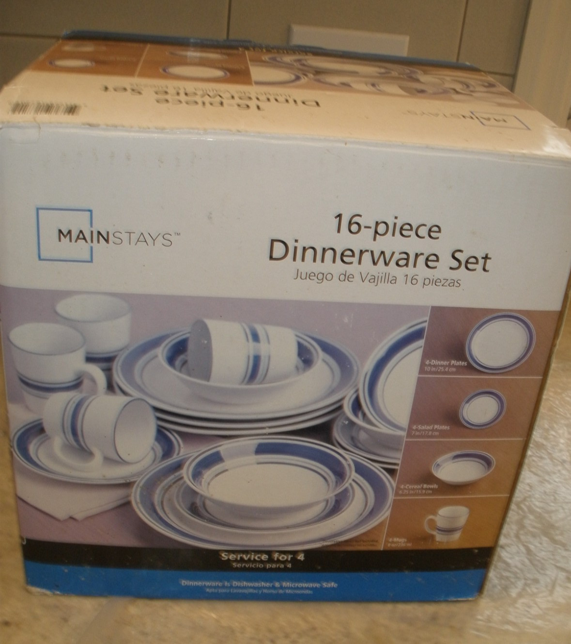 MAINSTAYS DINNERWARE BLUE STRIPE PATTERN IN BOX