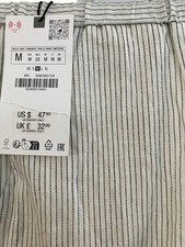 NWT ZARA M IVORY  PINSTRIPE PULL ON PANTS VISCOSE  LINEN WIDE LEG  JA03