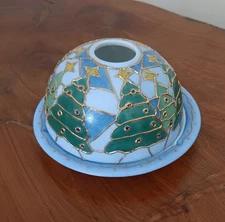 Vintage Hand Painted Porcelain Christmas Dome Candle Holder Green & Gold Trees