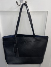 TORY BURCH McGraw Leather Logo Tote Bag Women Black With Tassel Genuine