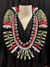 HAWAIIAN Graduation MONEY Lei Set 2 Bills Kukui Nuts Red Black Homemade Gift