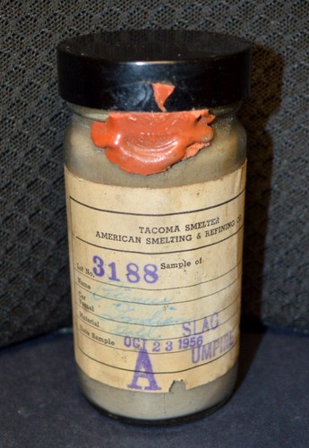 GOLD Slag TACOMA WA SMELTER, MINE Glass Jar SAMPLE 1956, ASARCO, Part Wax Seal
