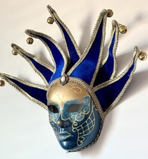 Venezian Masquerade Blue Mask Vintage Round Bells Mardi Gras Costume