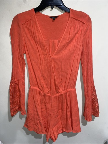 Guess Gauze Romper Womens Coral Long Sleeve Angels Lace Flare Sleeve Sz Sm - Picture 1 of 8