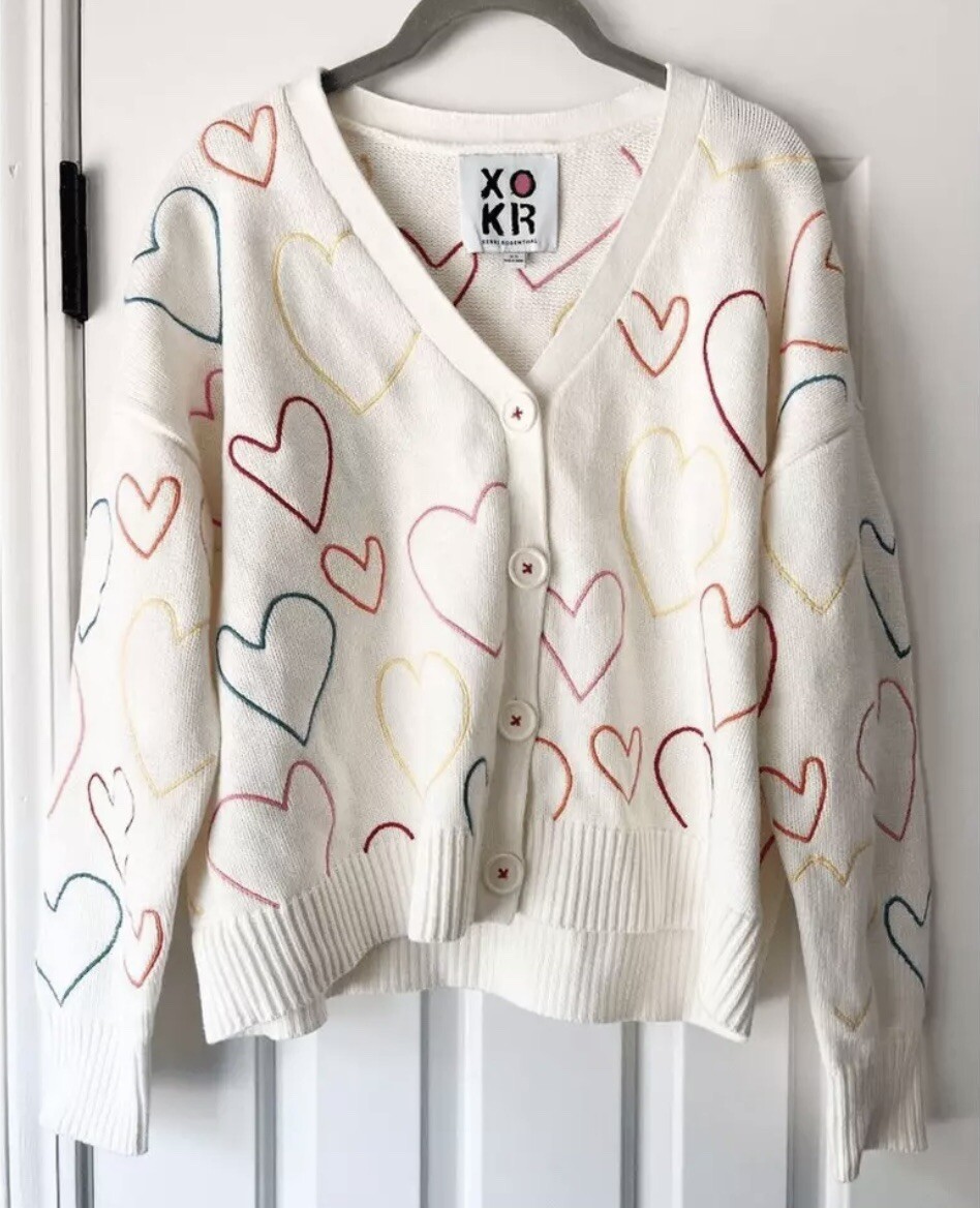 NWT Kerri Rosenthal Anthropologie White Heart Embroidered Cardigan