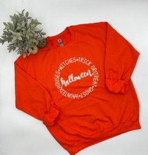 Halloween Crewneck Sweatshirt Orange Fall Festivals Witches Ghosts Haunted House