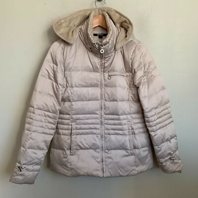 DKNY Donna Karan Jacket Taupe Puffer Down Quilt Faux Fur Collar Zip Hood  Lined M