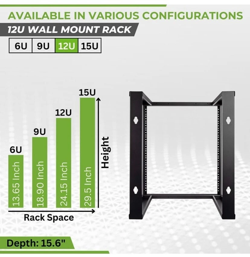 NavePoint 12U for 19" IT Server Open Frame Wall Mount Rack & 2 Vented 2U Shelves - Image 4 of 4