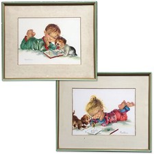 COSTANZA - Coppia Quadro Disegno Anni 60 - Camera Bambino Pigiama Lettura Cane