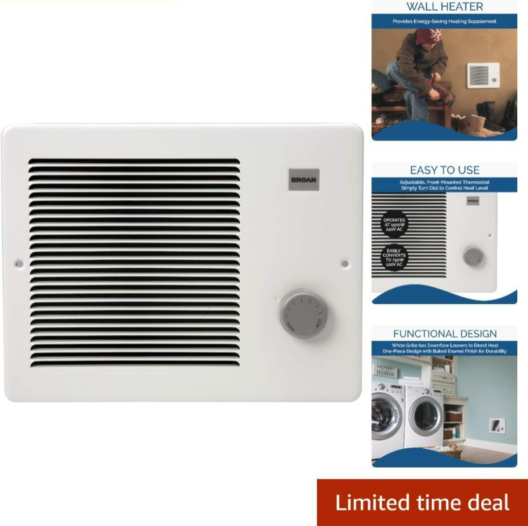 Wall Heater, White Grille Heater with Built-In Adjustable Thermostat, 750/150...