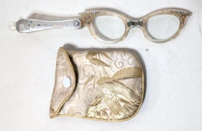 Vintage Cat Eye Folding Magnifier White Rhinestone Glasses W/ Case Hong Kong - Image 1 of 4
