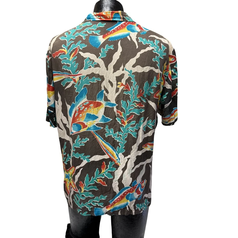 Vtg 80’s Kennington Neon RAINBOW Tropical FISH Ocean Life Rayon Hawaiian Shirt L - Image 3 of 4