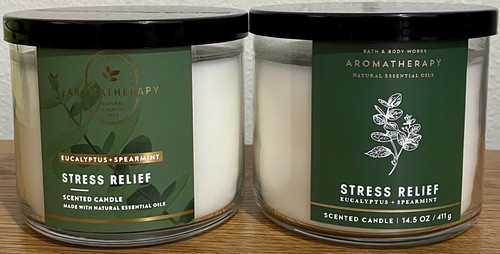 Lot Of 2 Bath & Body Works Stress Relief Eucalyptus Spearmint 3 Wick Candles - Foto 1 di 4