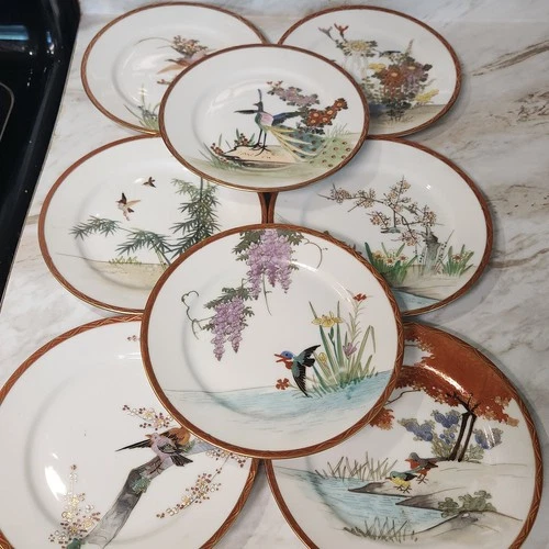 Antique Kutani Hand Painted Porcelain 8 piece Small Luncheon Tea Plates Birds