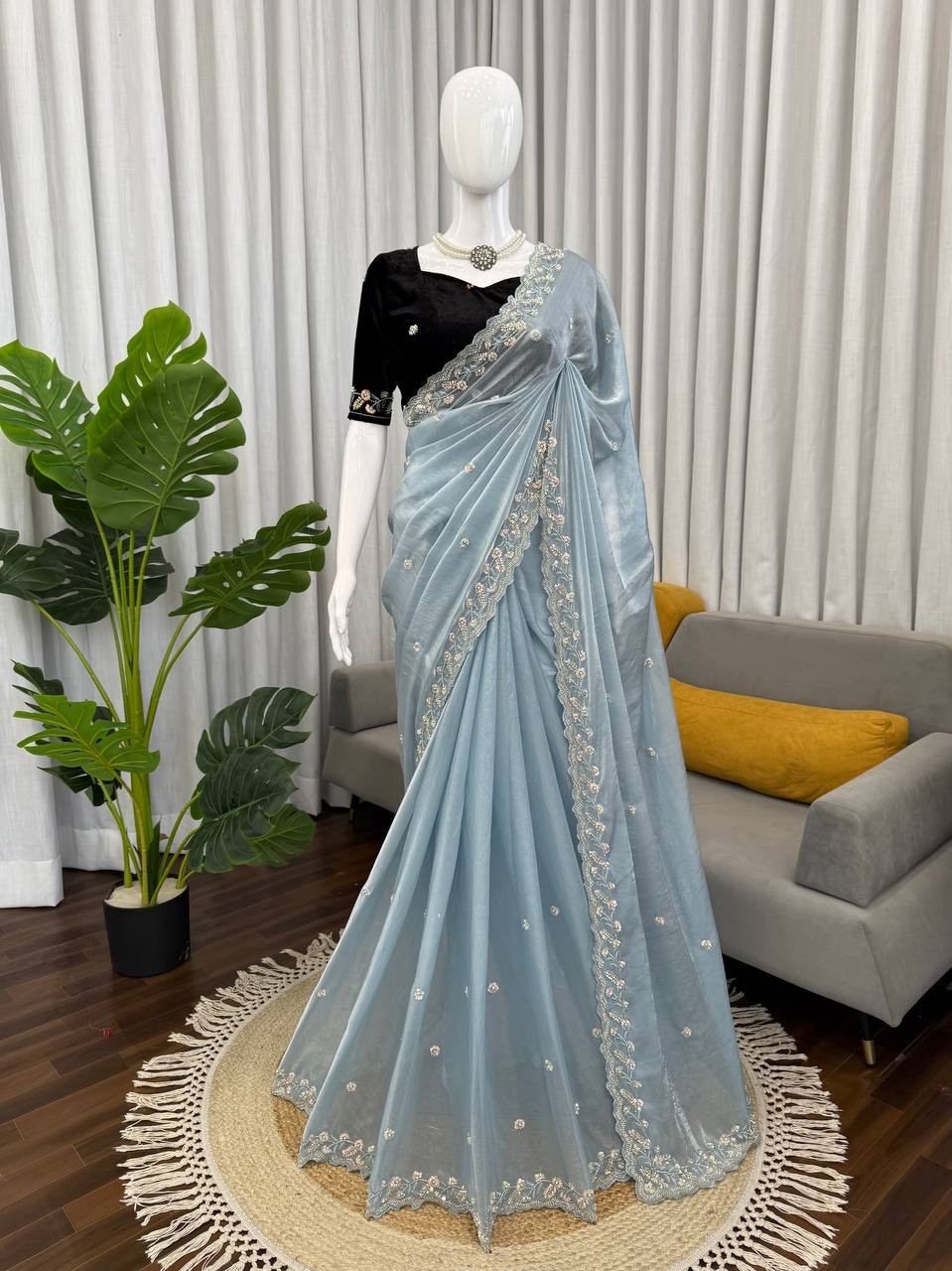 Indian Style Sky Blue Fendy Silk Saree With Blouse For Wedding Function Wear