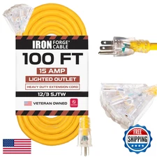 Iron Forge Cable 100ft Outdoor Extension Cord, 3 Outlets, 12/3 SJTW, Yellow, 15A
