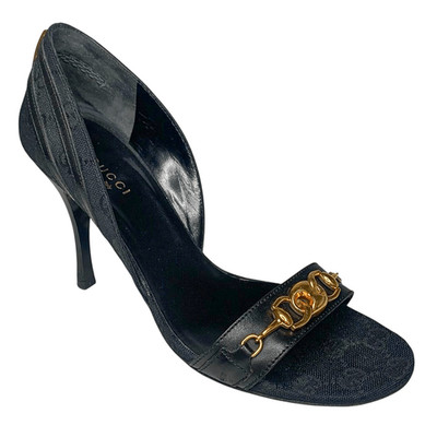 Gucci Black Monogram D Orsay Heels Size 37C Gold Horsebit Chain Detail Authentic