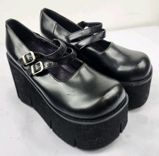 DEMONIA KERA-Womens Size 10 Black Punk Wedge Platform Buckle Shoes
