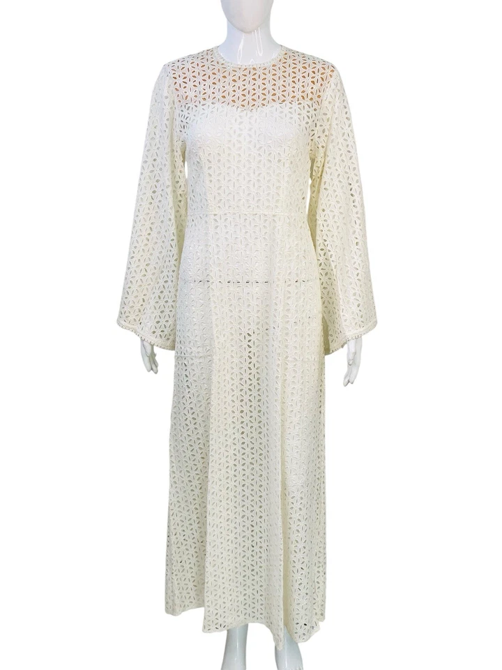 Doen Damen Weiß Gehäkelt Bestickt Ösen Baumwolle Lang Midi Maxi Kleid S - Bild 2 von 4