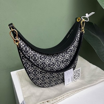 Loewe Luna Large Black Navy Beige Canvas Calfskin Underarm Shoulder Bag Duty Pai