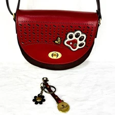 Chala Puppy Paw Print Half Moon Purse Faux Leather Red Brown Crossbody Keychain