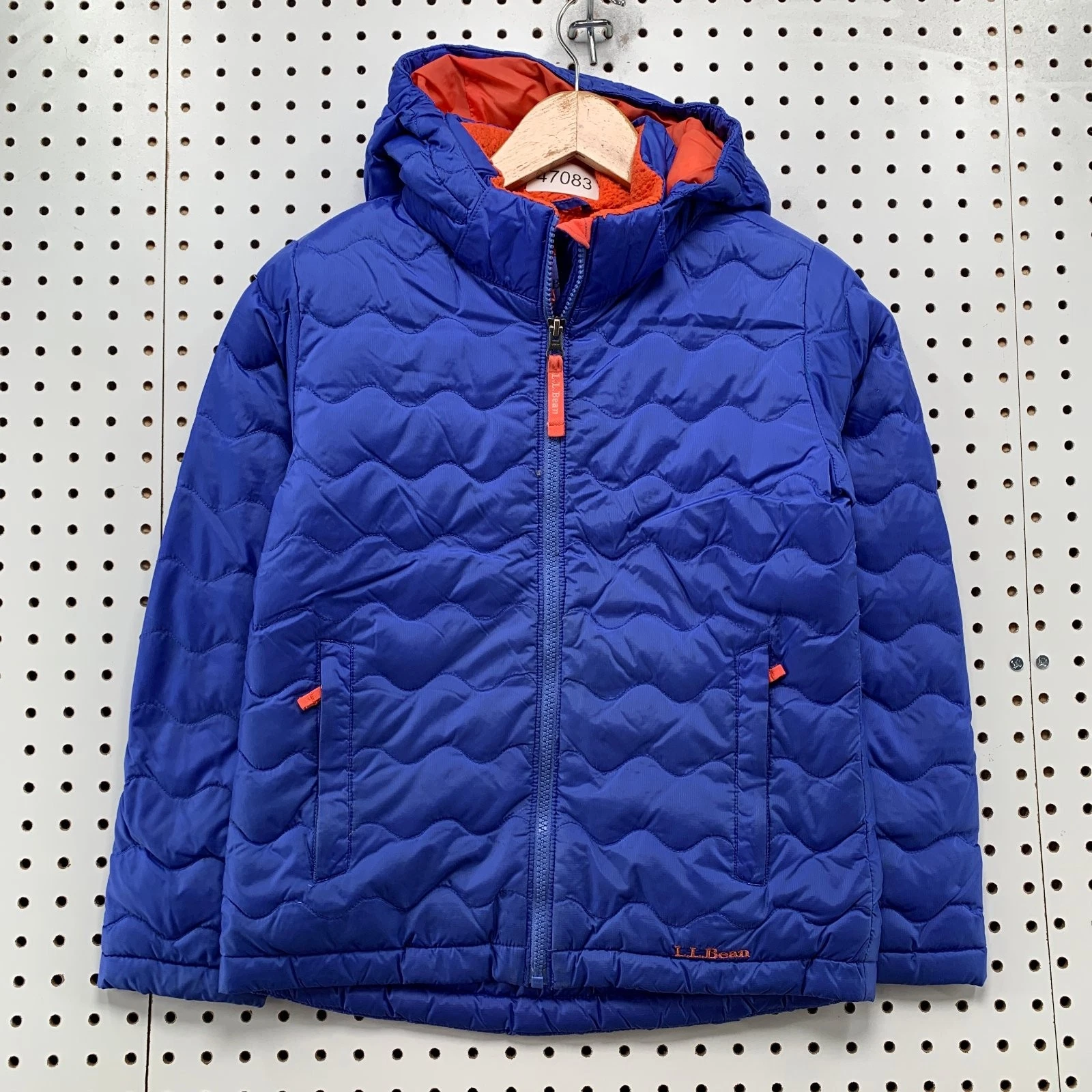 LL Bean Down Puffer Jacket Youth Boys Small Size 8 Blue Orange Sherpa Liner