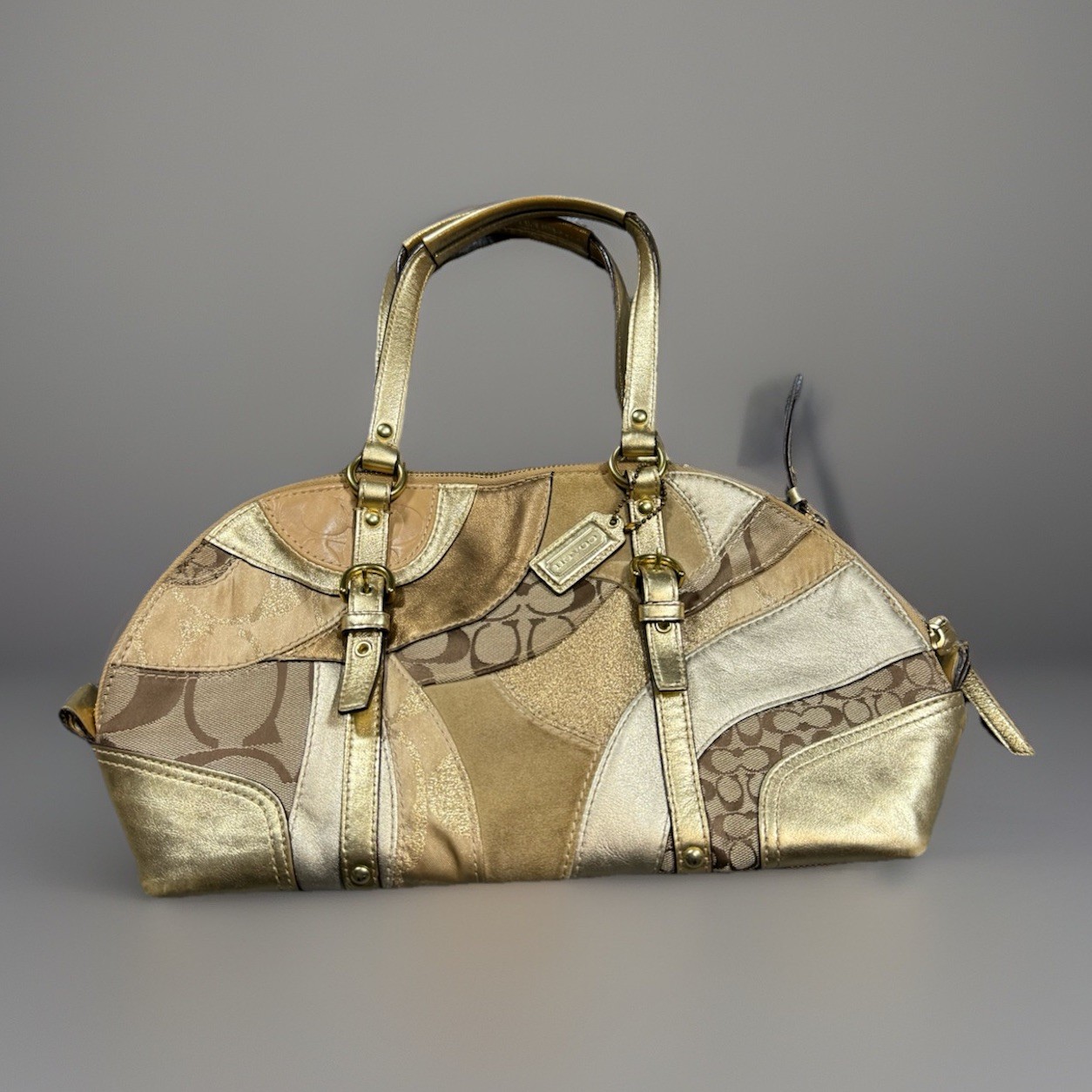 VTG Y2K COACH Canvas Patchwork Tote Bag Gold purple Charm Used READ