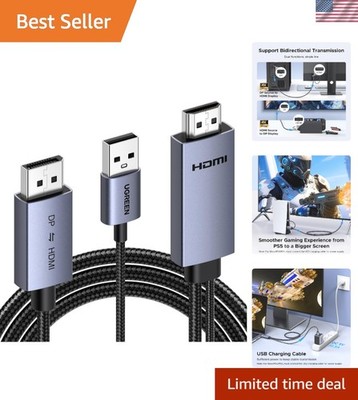 4K@60Hz Braided HDMI to DisplayPort Cable - Bidirectional Male-to-Male, 6.6FT