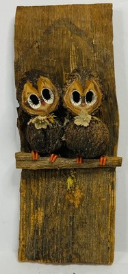 Vintage 1973 Walnut Shell Owls Folkart Wall Hanging Decor Hand Crafted Signed