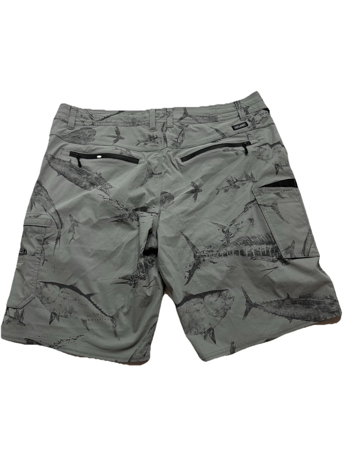 Pelagic Board Short Men 38 Gray Fishing Traverse Gyotaku Cargo Hybrid NWT