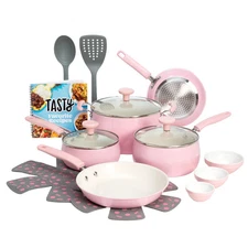 Tasty Clean Ceramic 16 Piece Non-Stick Aluminum Cookware Set, Pink Free Ship