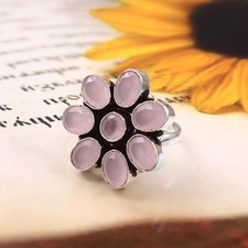 925 Sterling Silver Pink Chalcedony Gemstone Handmade Jewelry Adjustable Ring