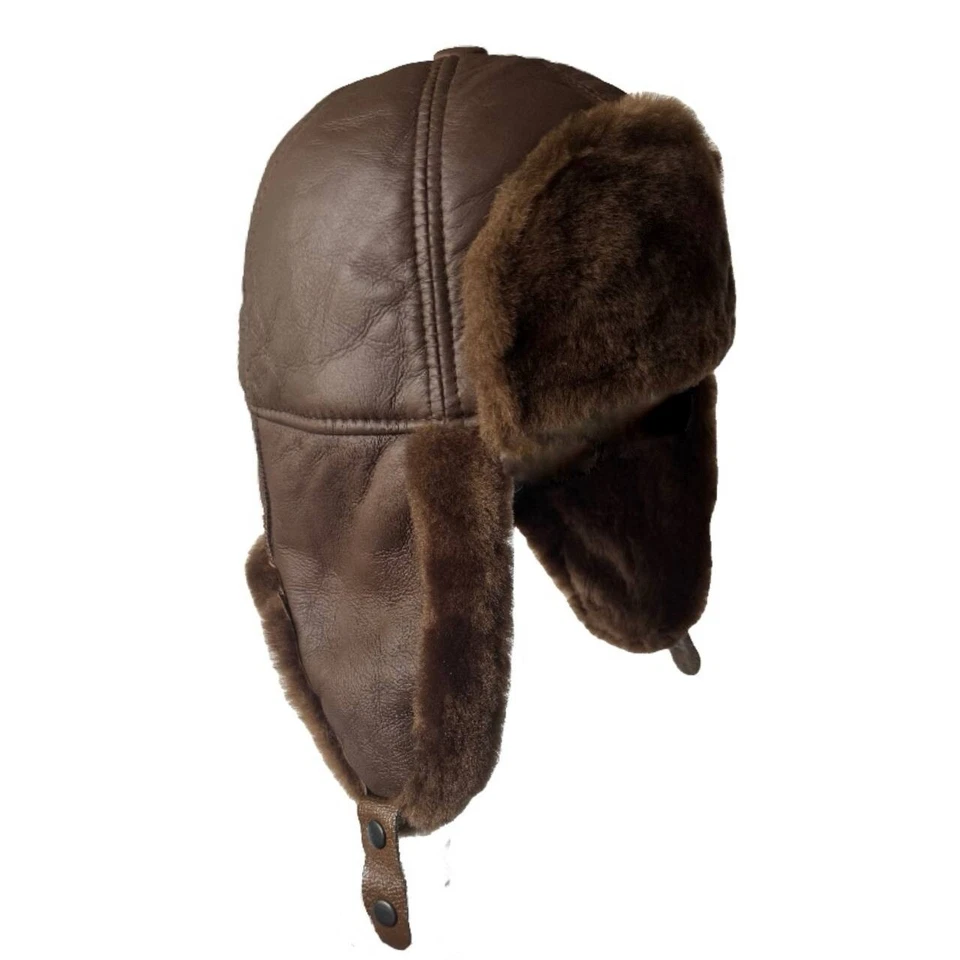 Hecho a mano piel de oveja cuero de oveja ruso Ushanka trampero sombrero de caza aviador Foto 2 de 4