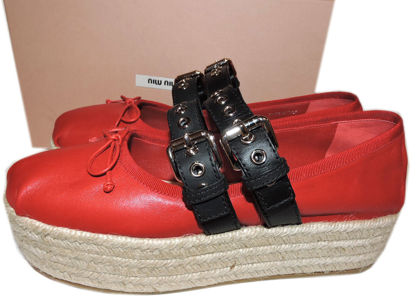 Initiativ kalv Utilgængelig Miu Miu Prada Red Espadrilles Double Buckles Platform Shoes 40 Mary Jane  Red | eBay