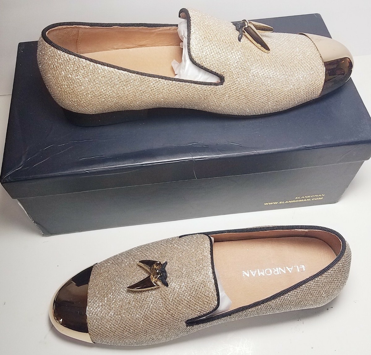 ELANROMAN Luxury Dress Leather Loafers Gold Tassel Toe Party  display picture 1