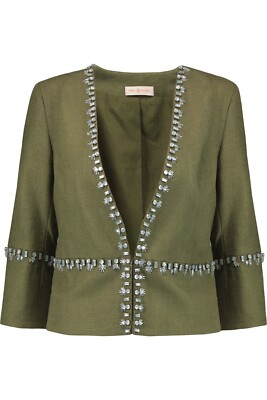 TORY BURCH Avery Hills Embellished Linen Blend Jacket Size 0 NWT 