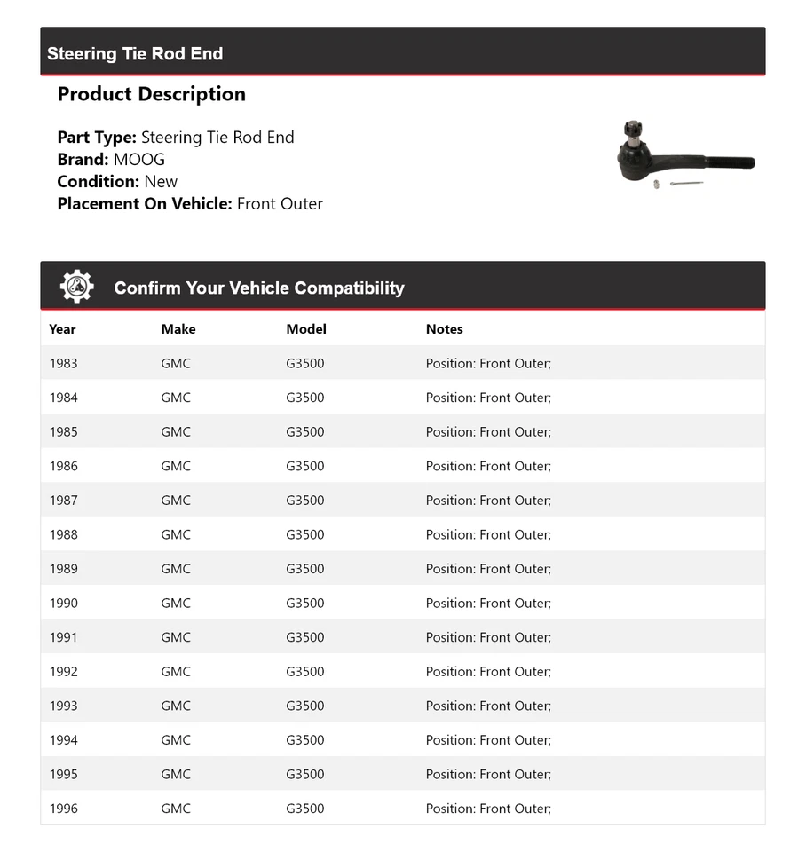 For 1983-1996 GMC G3500 Steering Tie Rod End Front Outer MOOG 1983 1984 1985 - Image 2 of 4